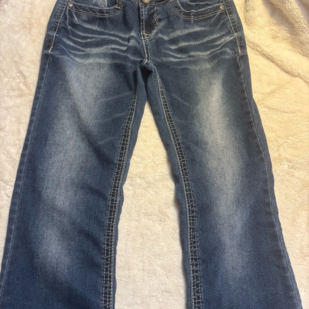 No Boundaries Jeans Size 5 Jrs Dark Blue Boot Cut Mineral Wash Sequined Pockets - Picture 6 of 12